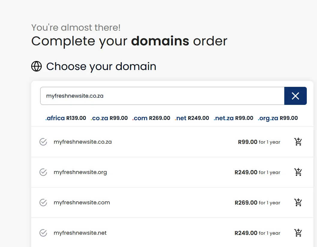 Domain checkout page showing available extensions and prices