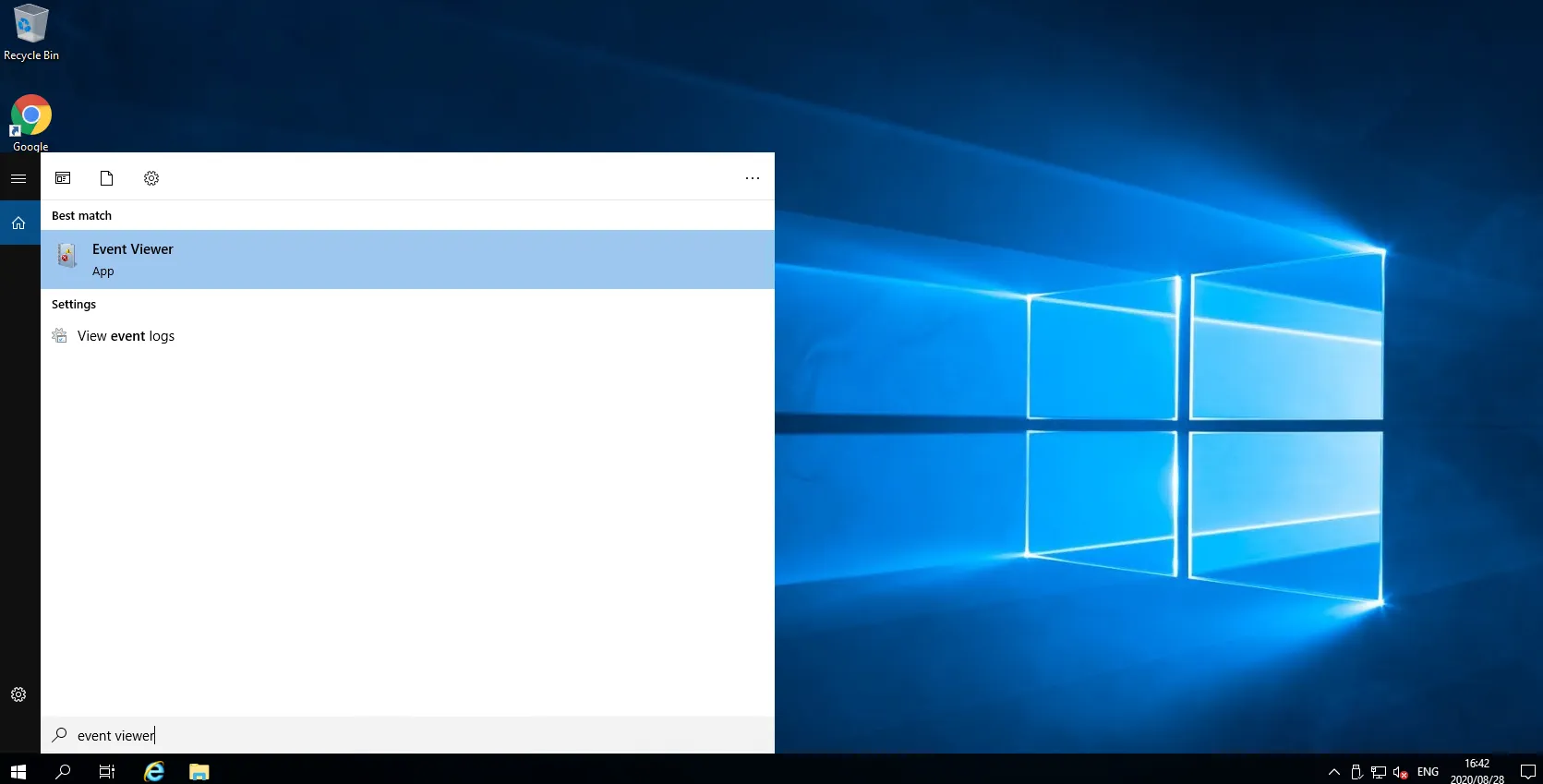 Windows search with "event viewer" typed and Event Viewer shown as the best match