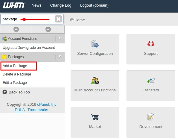 WHM search box with "package" typed, and Add a Package highlighted in the menu