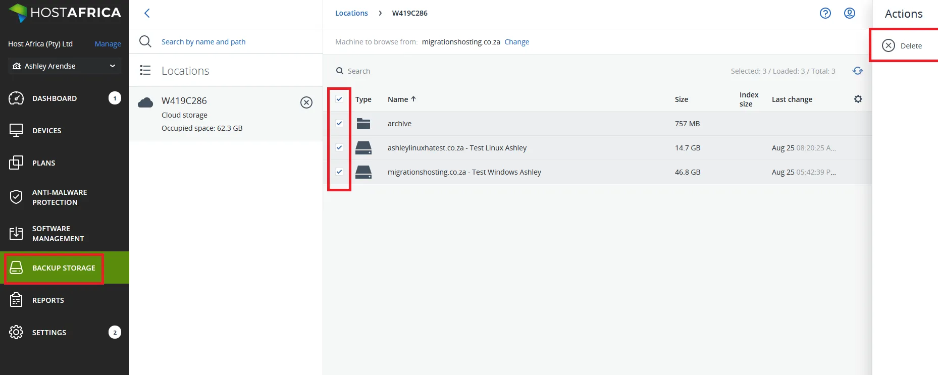 Acronis Backup Storage page with all backups selected and the Delete action highlighted