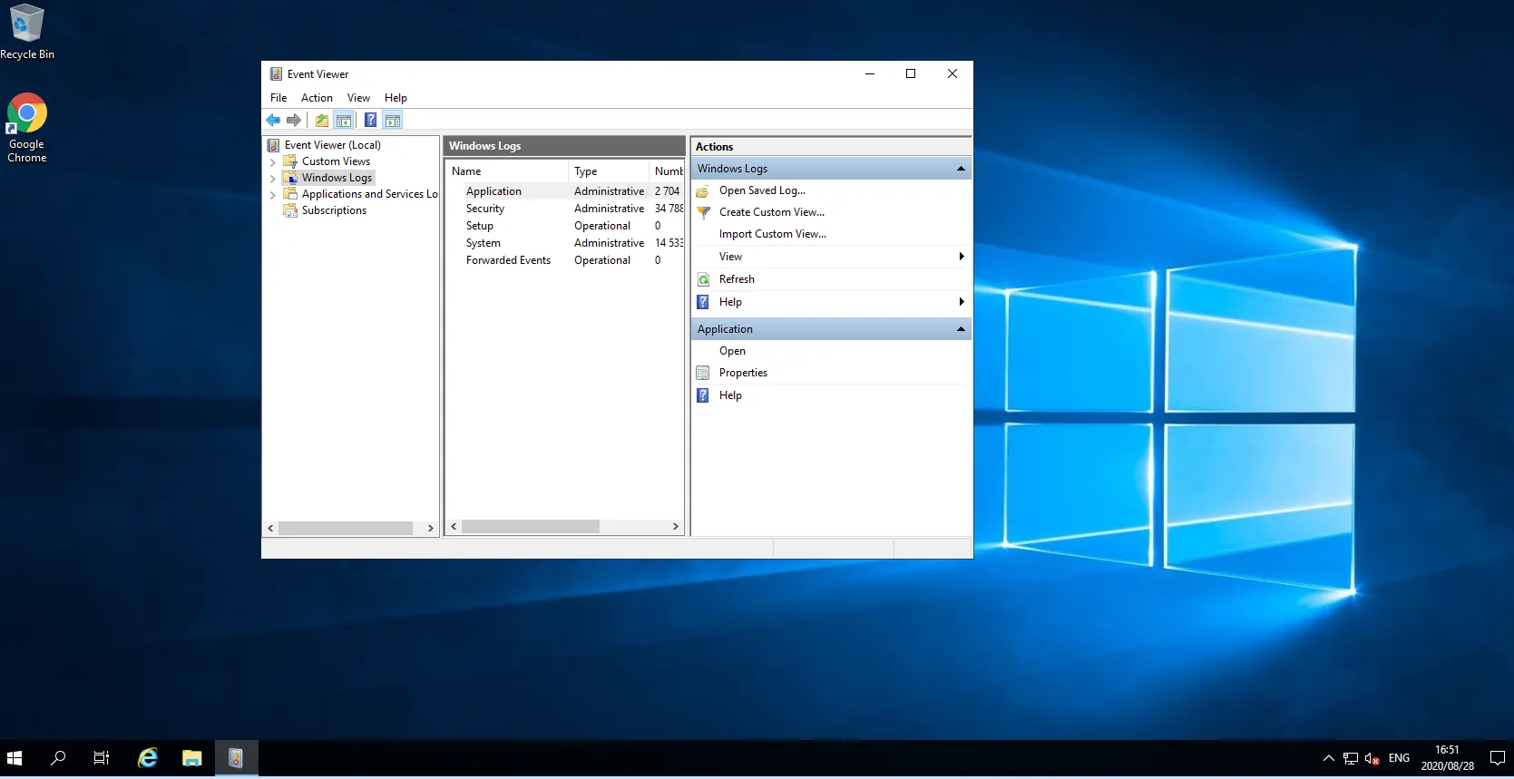 Event Viewer window open, listing the Windows Logs