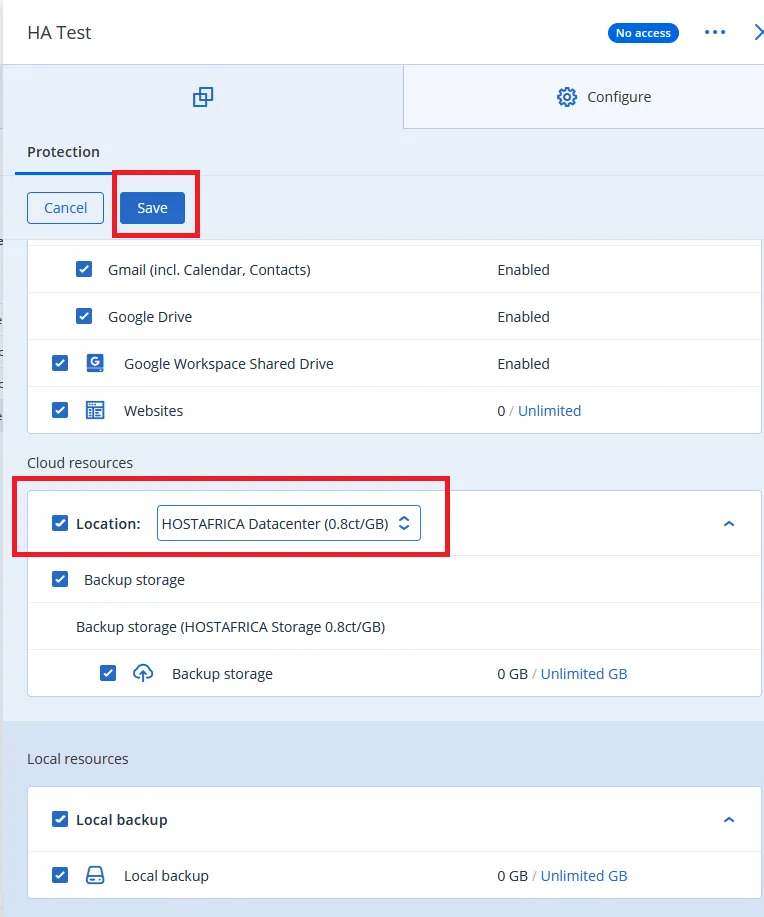Acronis tenant protection settings with the cloud storage location set to HOSTAFRICA Datacenter and the Save button highlighted