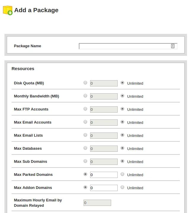 Add a Package form with the package name and resource limits