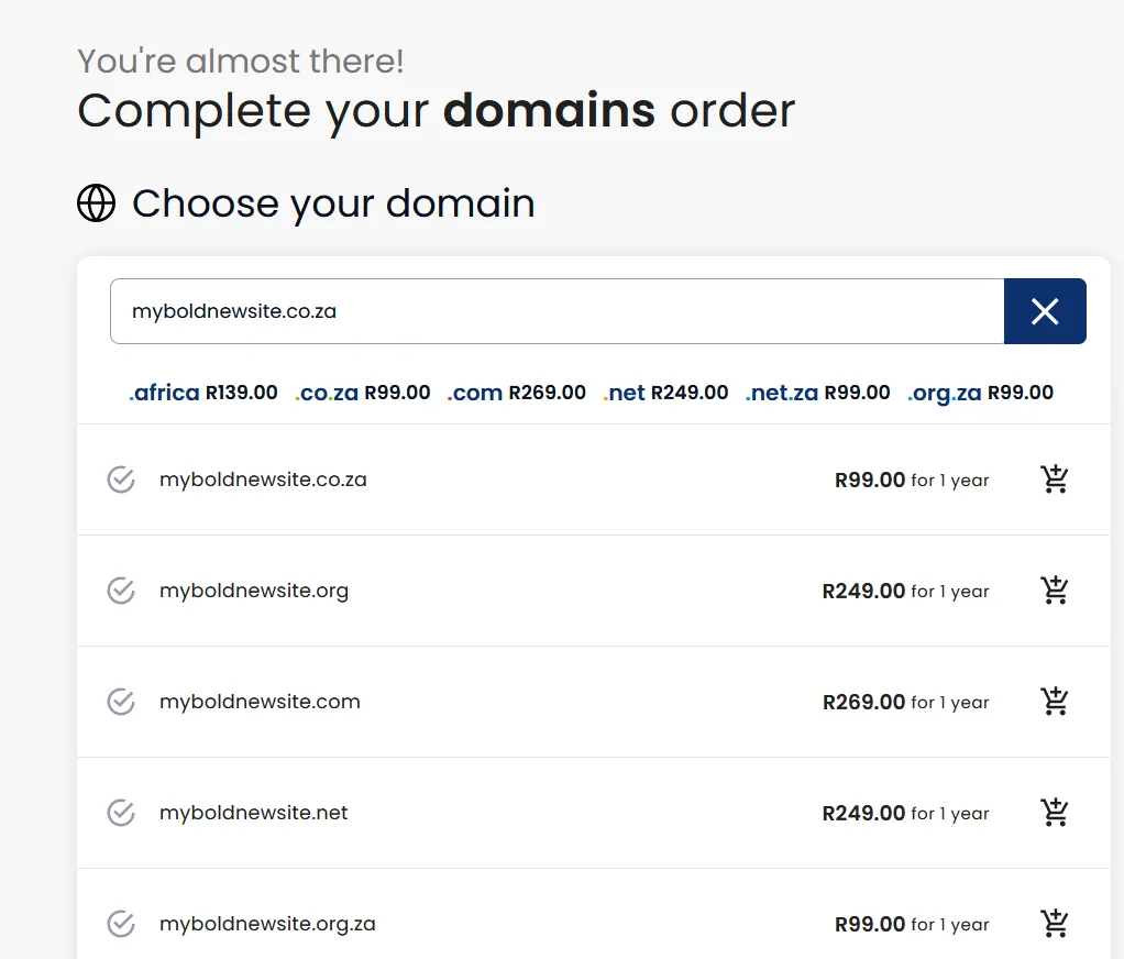 Domain checkout page showing available extensions and prices for 'myboldnewsite'