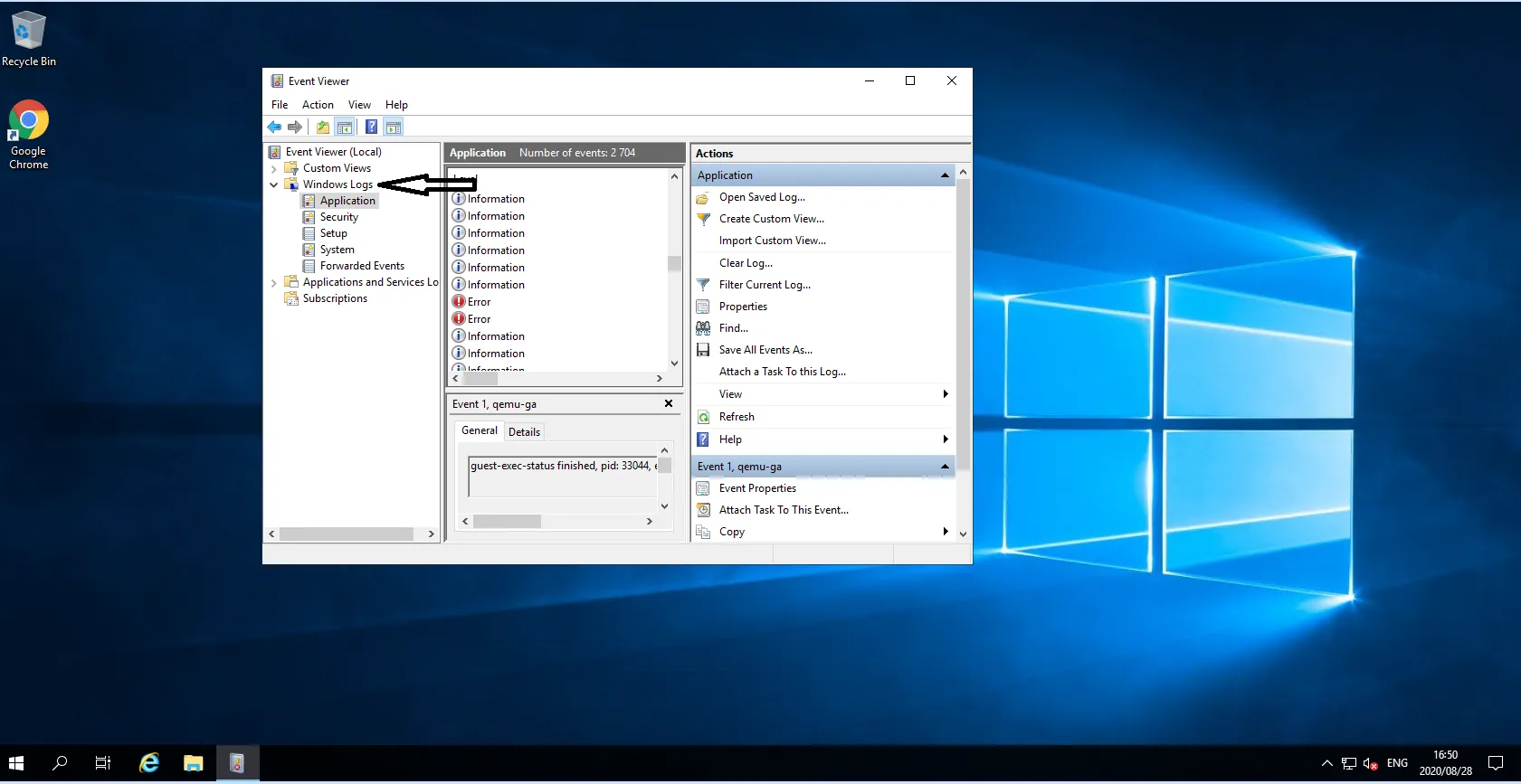 Event Viewer with Windows Logs expanded in the left panel, showing Application, Security, Setup, System and Forwarded Events