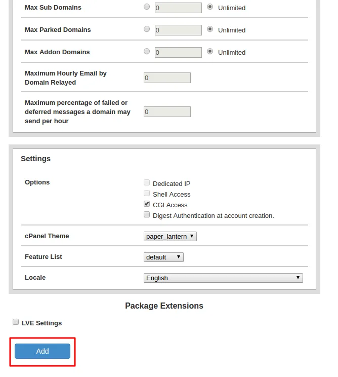 Bottom of the Add a Package form with the Add button highlighted