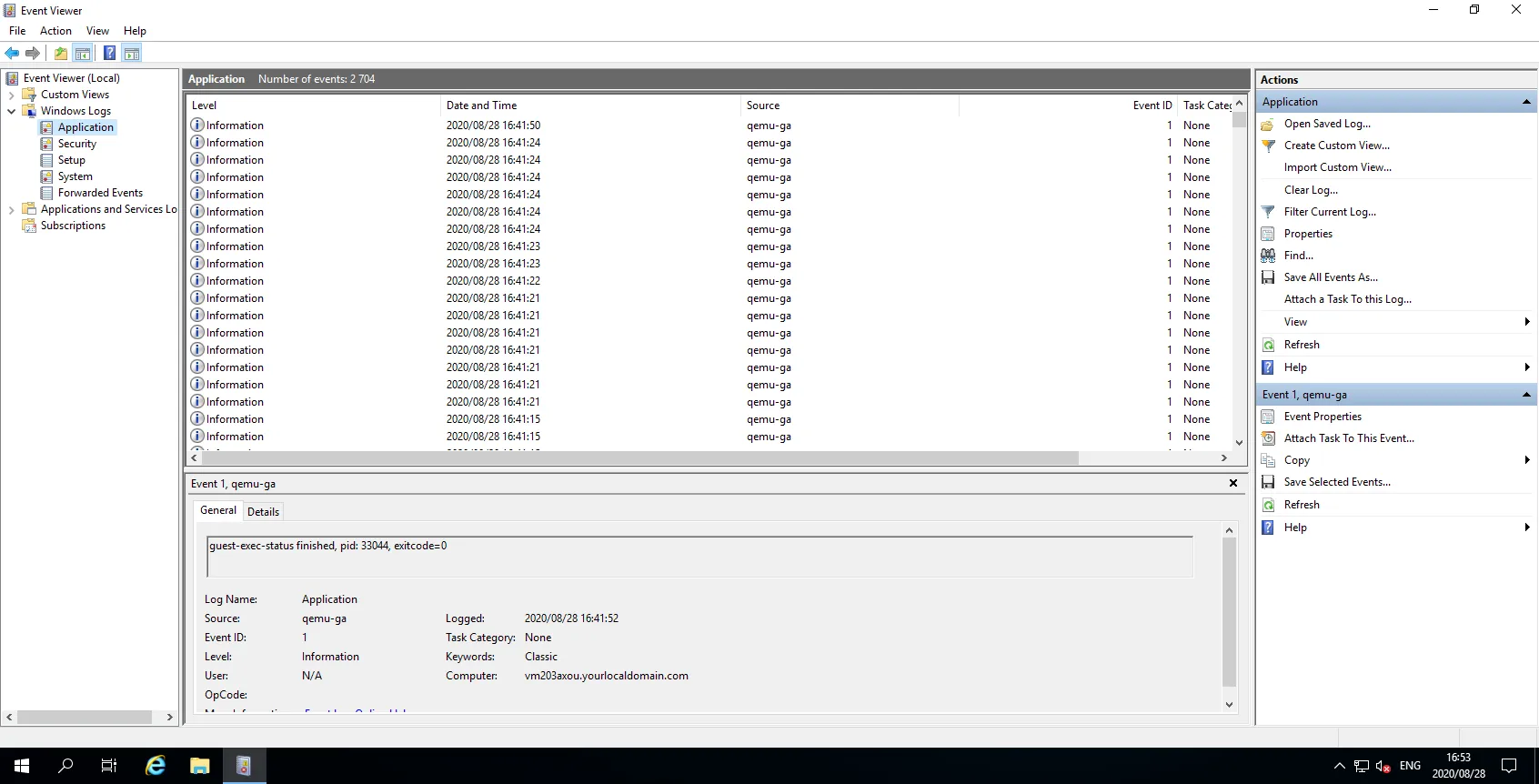 Application log selected, with its events listed in the centre of the Event Viewer window