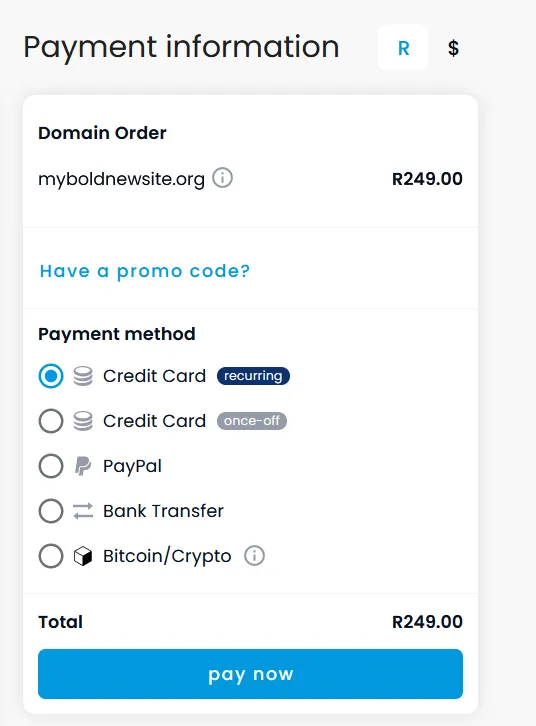 Payment information page for a domain order