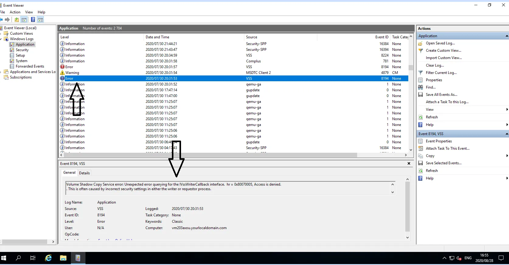 An Error event selected in the Application log, with its details shown in the lower panel